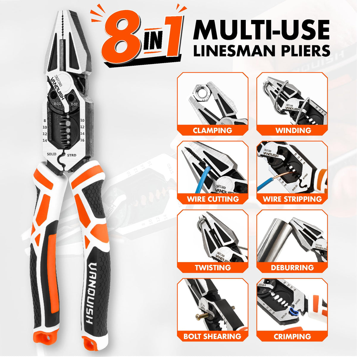 VANQUISH 8-in-1 Linesman Pliers with Wire Cutter and Stripper, 8 Inch