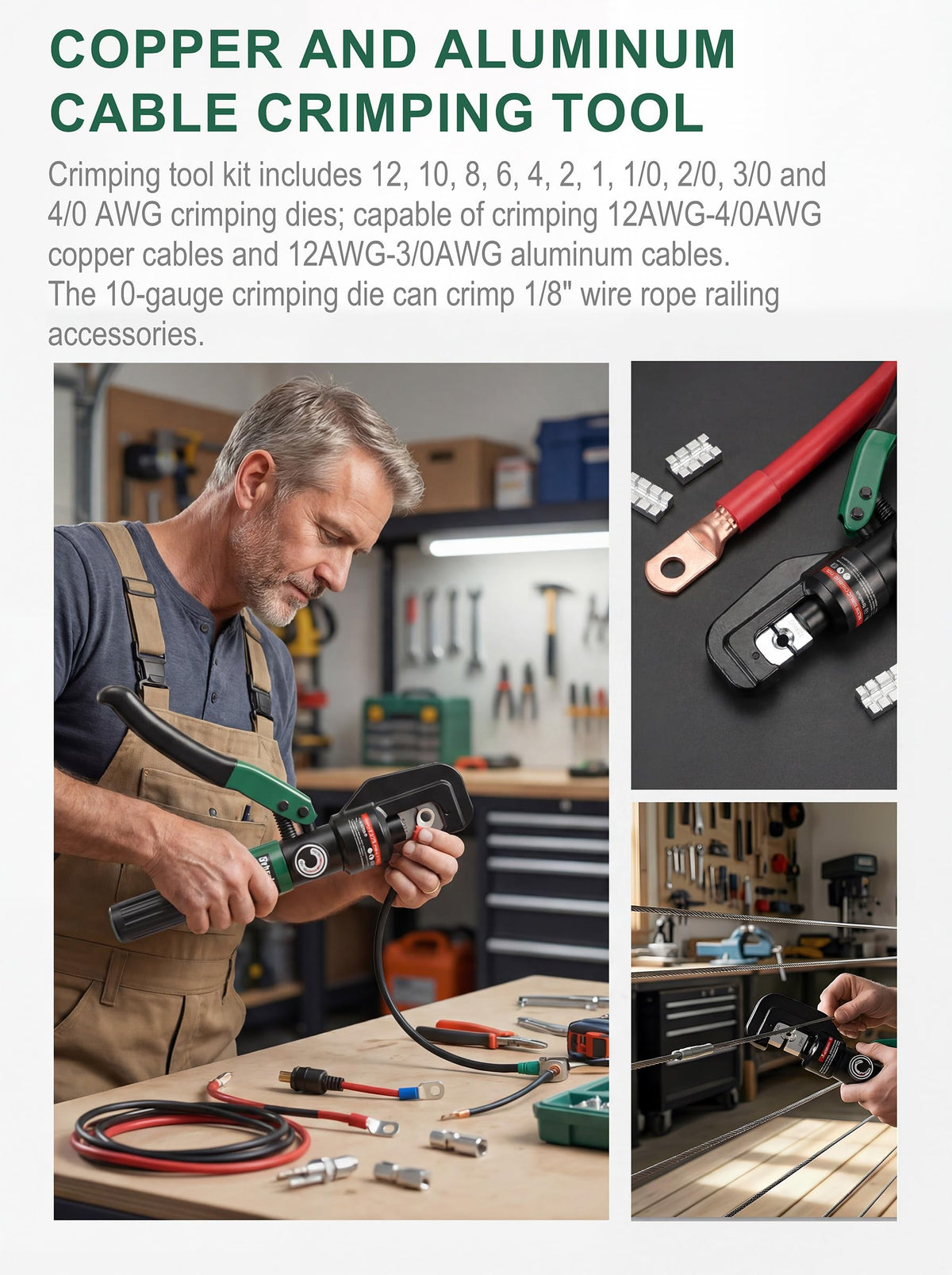 Growlush Hydraulic Cable Crimping Tool, Battery Cable Terminal Crimper 12 AWG–4/0 AWG, US Standard AWG Dies, 10-Ton Hydraulic Copper Cable Lugs Crimper for US Standard Cable 12 ga-4/0 ga