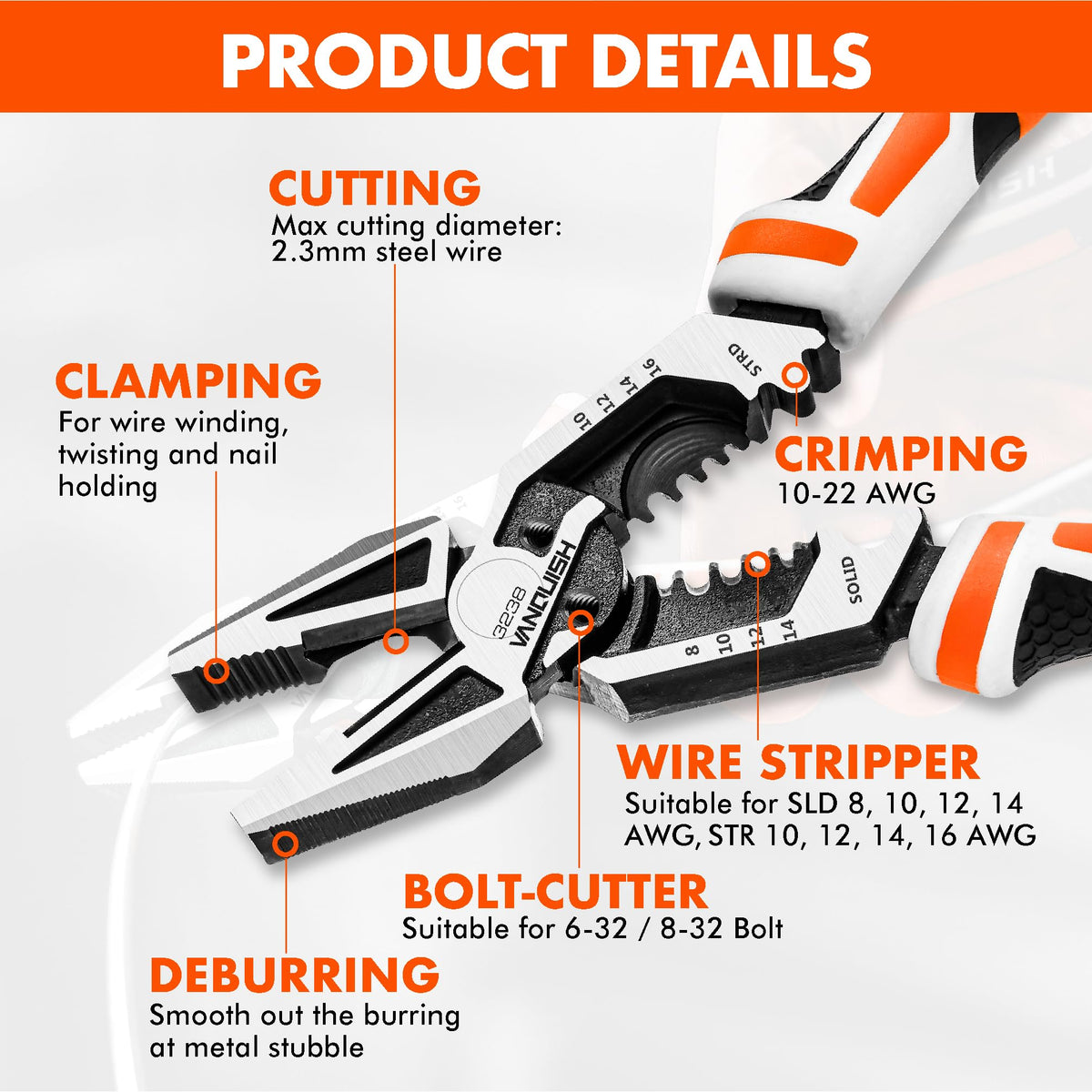 VANQUISH 8-in-1 Linesman Pliers with Wire Cutter and Stripper, 8 Inch