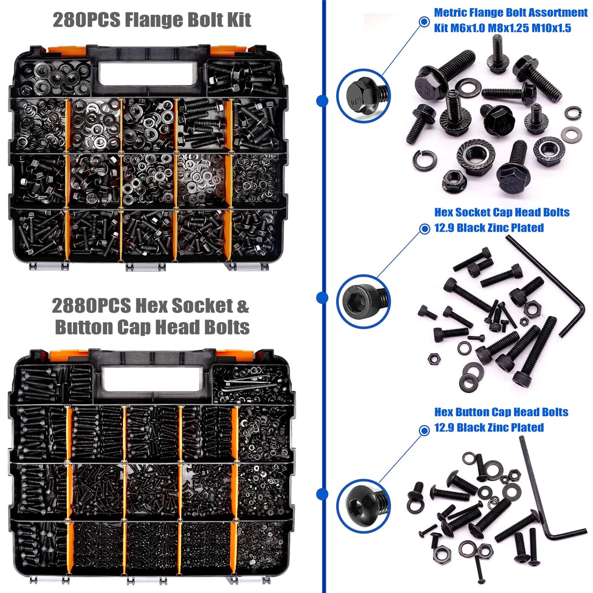 Taiss 3160PCS Metric Flange Bolt Assortment Kit,Nuts and Bolts Assortment Kit M2 M3 M4 M5 M6x1.0 M8x1.25 M10x1.5 Bolt(4-45mm) 42 Sizes Hex Socket Button & Cap Head Metric Screw 10.9 Black Zinc Plated