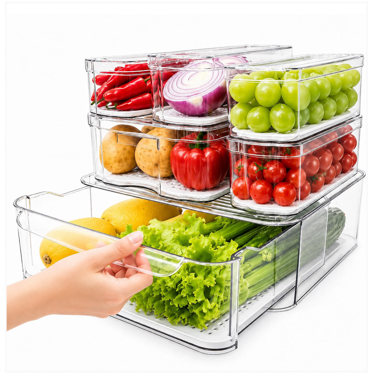SMRCAD Clear Fridge Bins with Drain Trays - BPA-Fr