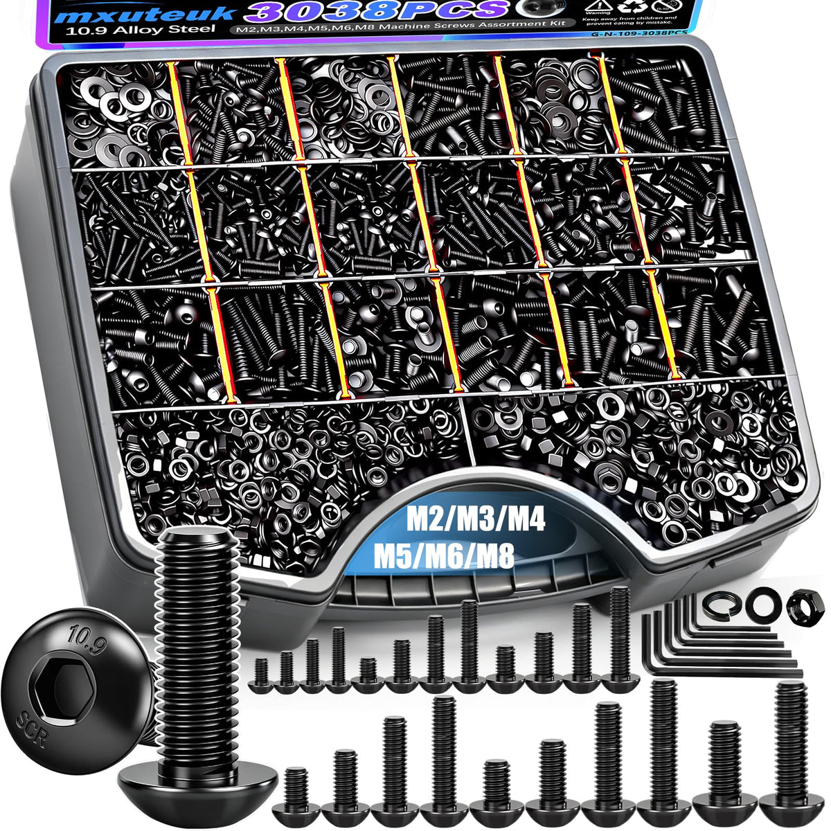 mxuteuk 3038PCS Metric Screw Assortment Kit,M8/M6/M5/M4/M3/M2(4mm-45mm Long) Machine Screws,10.9 Grade Alloy Steel Hex Button Head Cap Screws Nuts and Washers Assortment Kit for 3D Printing DIY