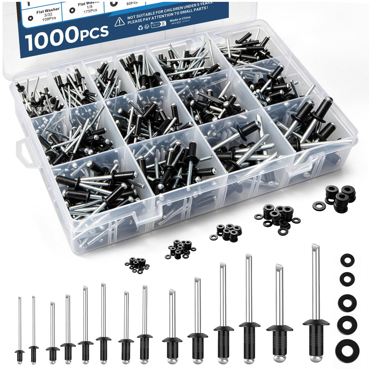 Huaque 1000PCS Black Pop Rivets Aluminum Blind Rivets Assortment Kit