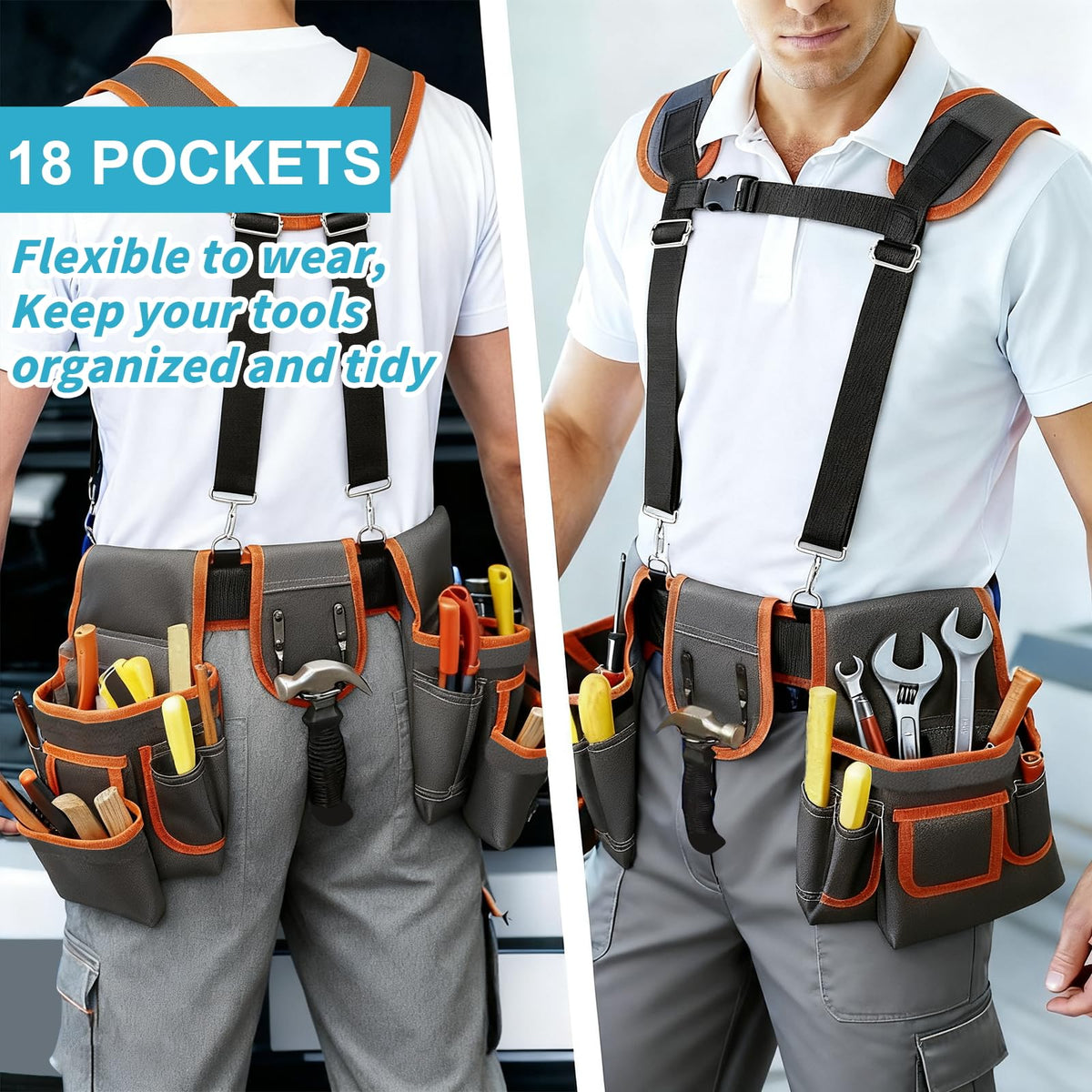 Tool Belt，Tool Belts for Men，Electrician/Carpenter Tool Belt Suspenders，Comes with Magnetic Tool Kit and Straps, Heavy-Duty Detachable and Adjustable Multifunctional Waist Belt Work Bag (Gray Orange)