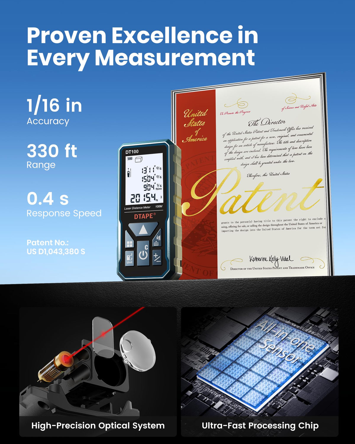 DTAPE 330 Ft Laser Measuring Tool, 1/16" High-Accuracy Laser Tape Measure