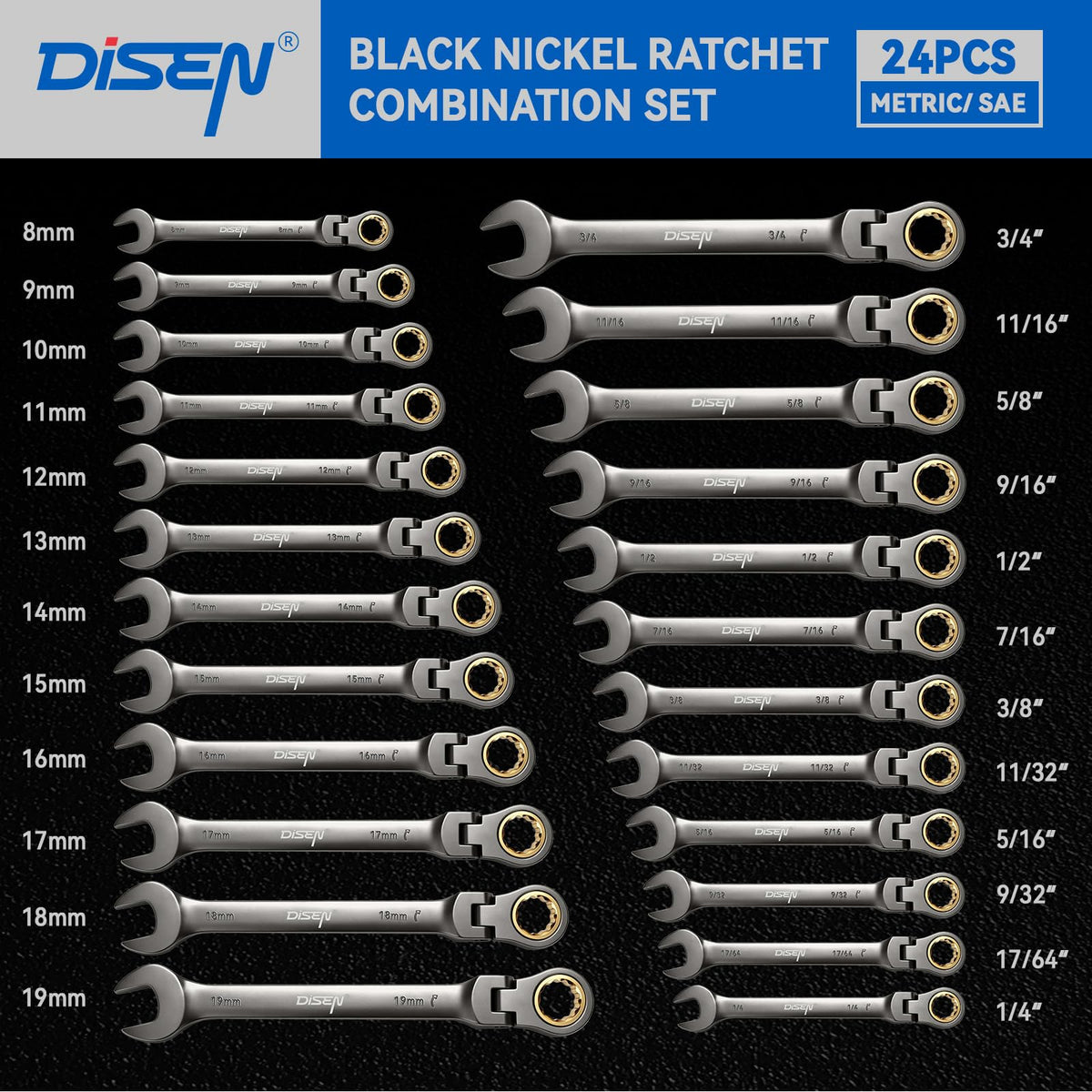 DISEN Ratcheting Wrenches Set 90 Tooth Flex-Head with Nickel Plating 24 Pcs