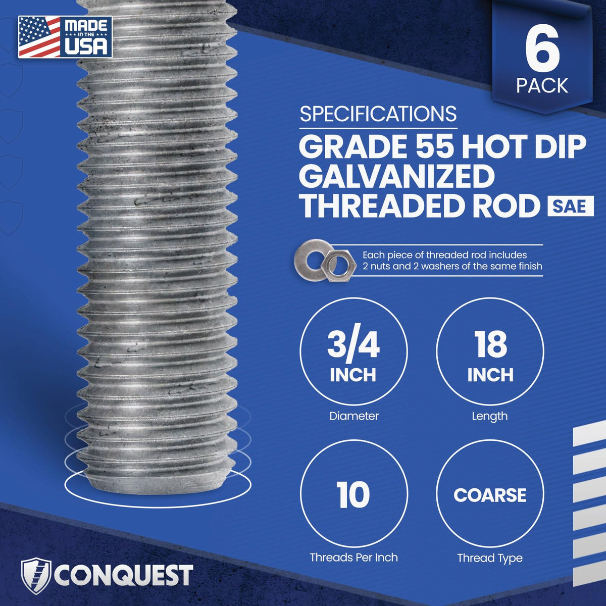 Conquest Grade 55 Hot Dip Galvanized Threaded Rod 3/4"-10 x 18