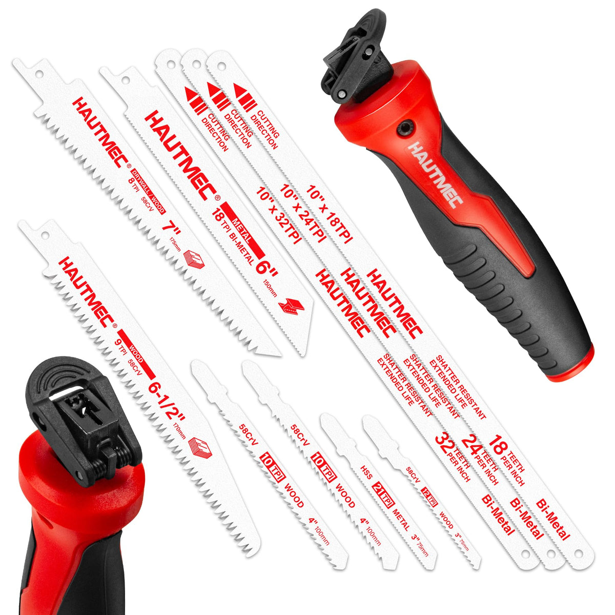 HAUTMEC 10-In-1 Multipurpose Hand Saw for Wood, Metal, Plastic & Drywall, Compact Hacksaw with Tool-Free Blade Change, Self-Locking Handle, Blade Storage Box & 10 Professional Saw Blades – HTHSH25032