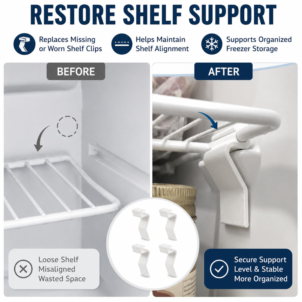 Freezer Wire Shelf Support Bracket Compatible with Frigidaire FFUE2022AW6 Upright Freezer Shelf Repair System 4-Pack Replacement Kit, Plastic Wire Shelf Corner Support Clip