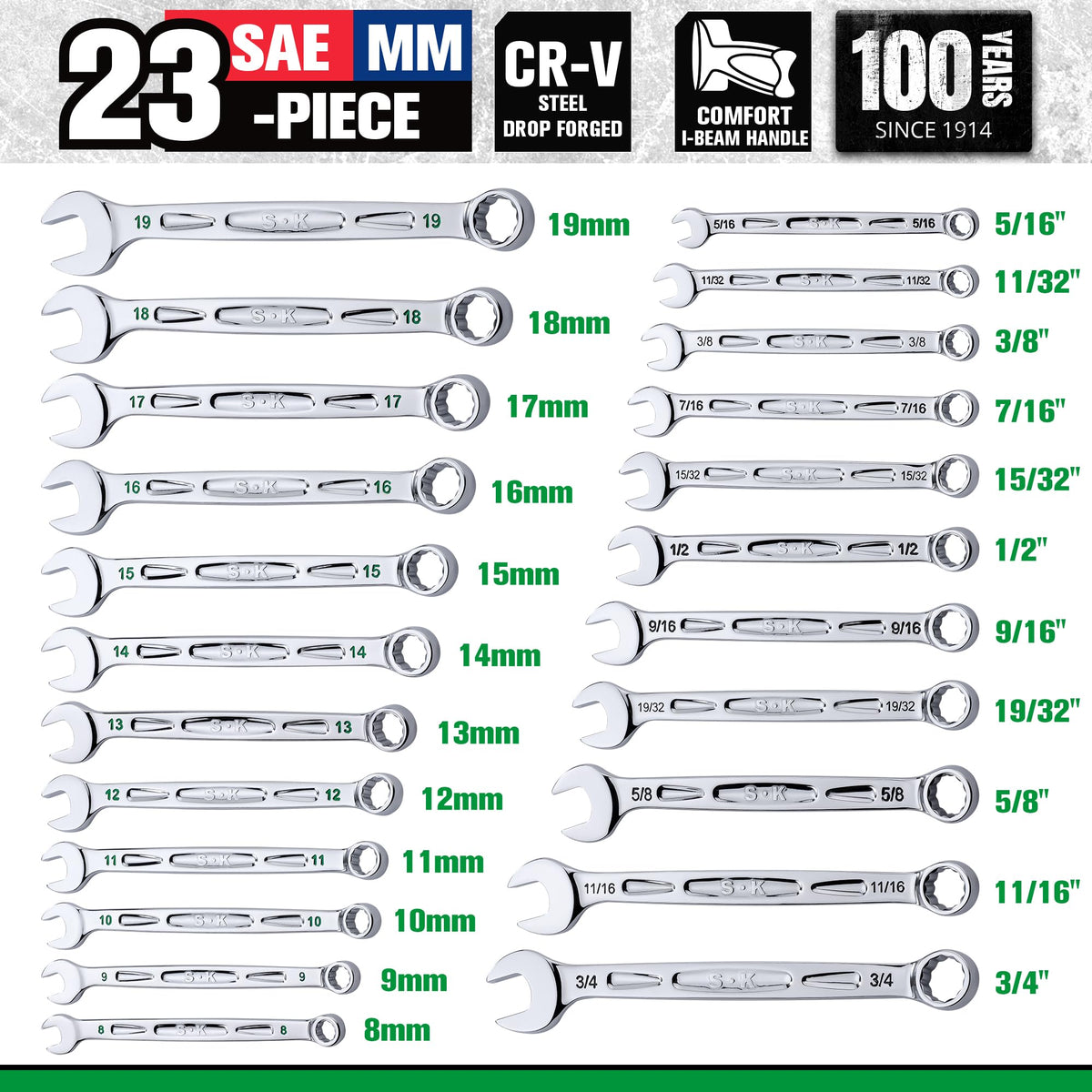 SK Combination Wrench Set, SAE 5/16''-3/4'', Metric 8-19mm, 23-Piece