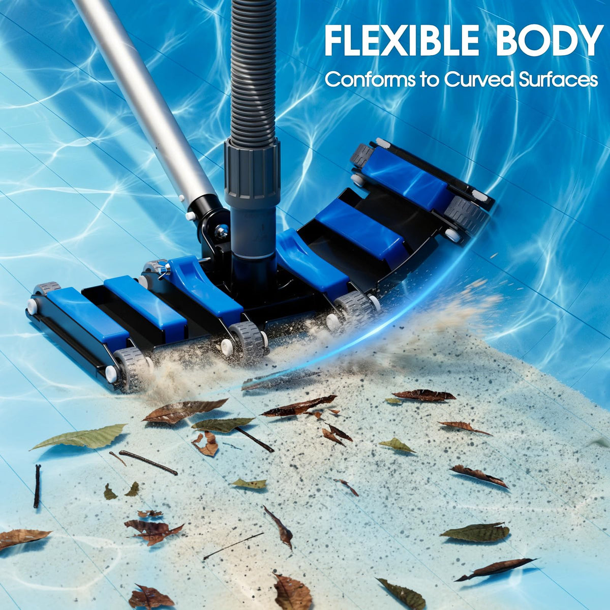 Commercial-Grade 4.4 LB Weighted Pool Vacuum Head & Swivel Handle - Lab-Tuned Brush,Debris Guide & Non-Slip Wheels for High-Efficiency Cleaning,Inground & Above Ground Swimming Pools – Blue