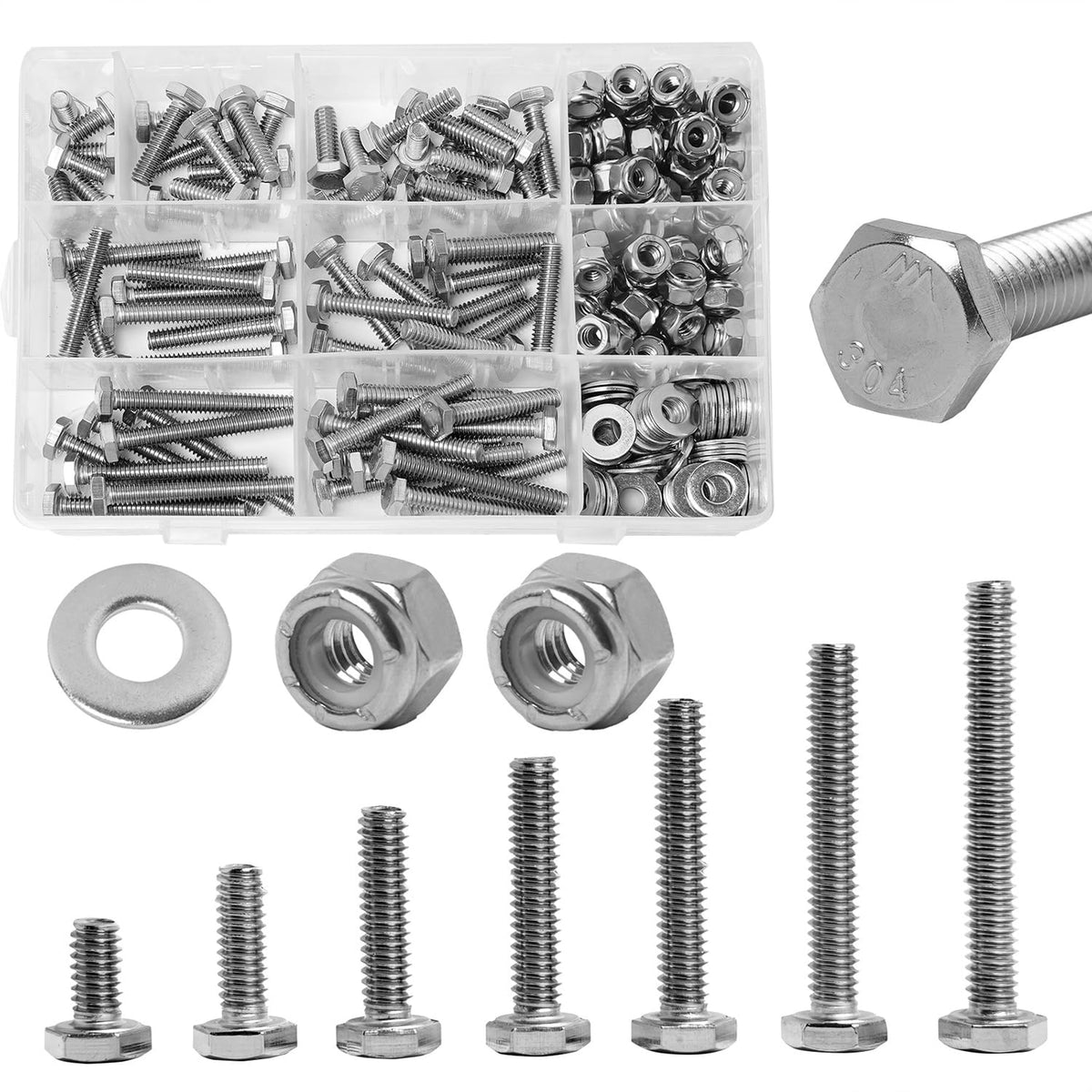 Stainless Steel 1/4-20 Hex Bolt Assorted with Nylon Insert Lock Nut Washer