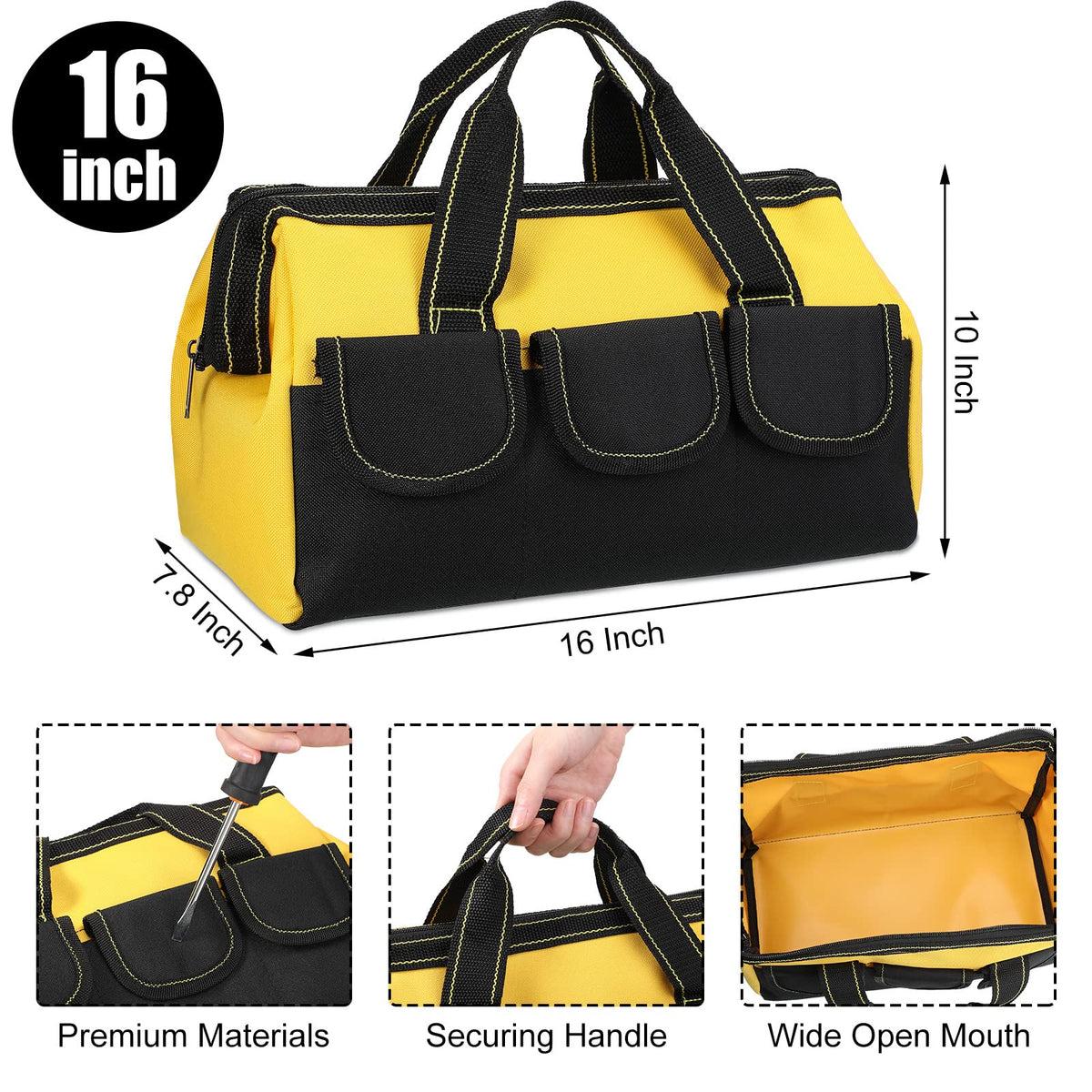 4 Pieces Tool Bag with Waterproof Strong Molded Base Multi Pockets Wide Mouth Tool Tote Multifunctional Tool Bag Large Capacity Organizer Heavy Duty Tool Storage Bag (Multicolor,16 Inch)