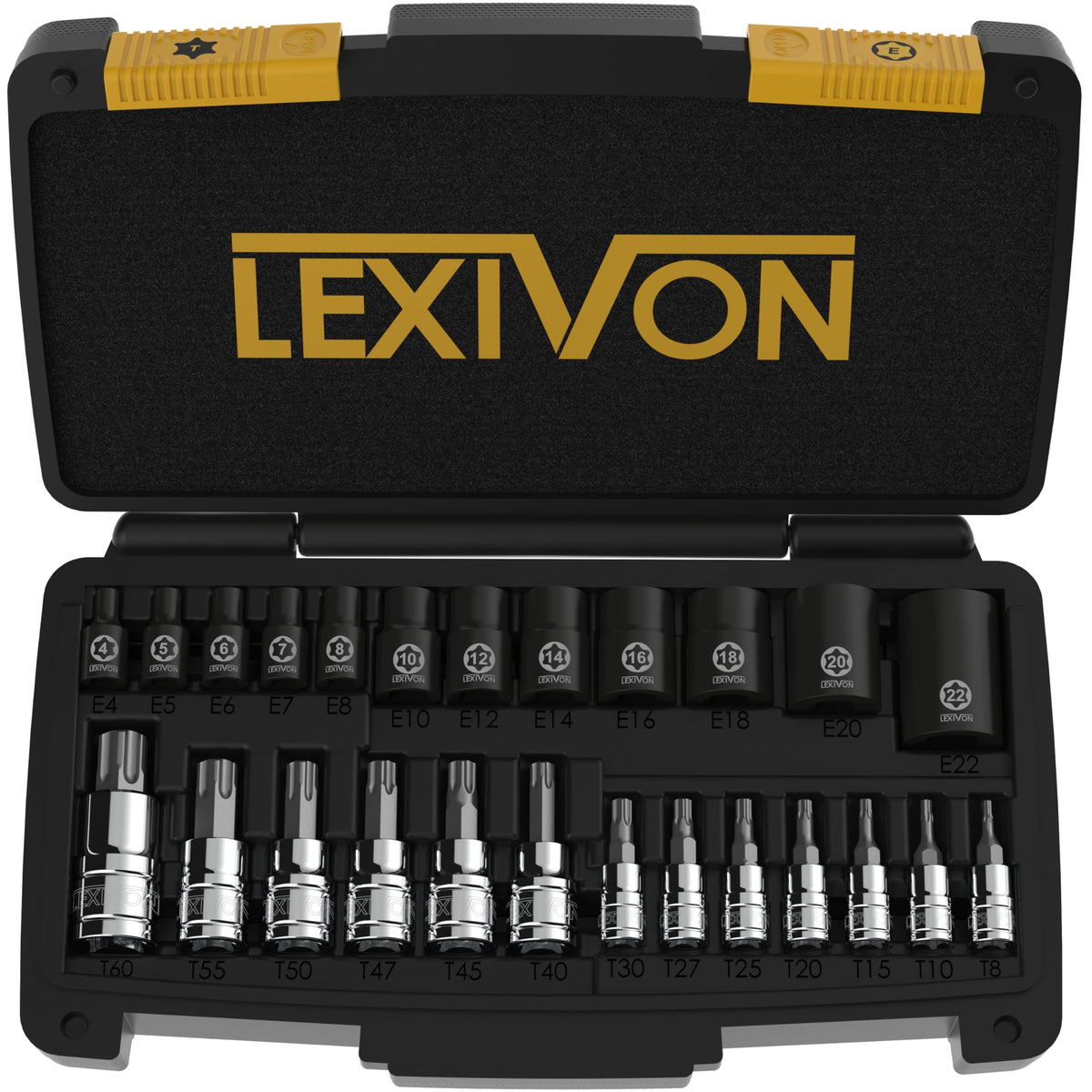 LEXIVON Master Torx Bit and Socket Set, Premium S2 Alloy & Cr-V Steel, 25-Piece, Bit Socket T8-T60 & E-Torx E4-E22, Heavy-Duty Storage Case (LX-148)