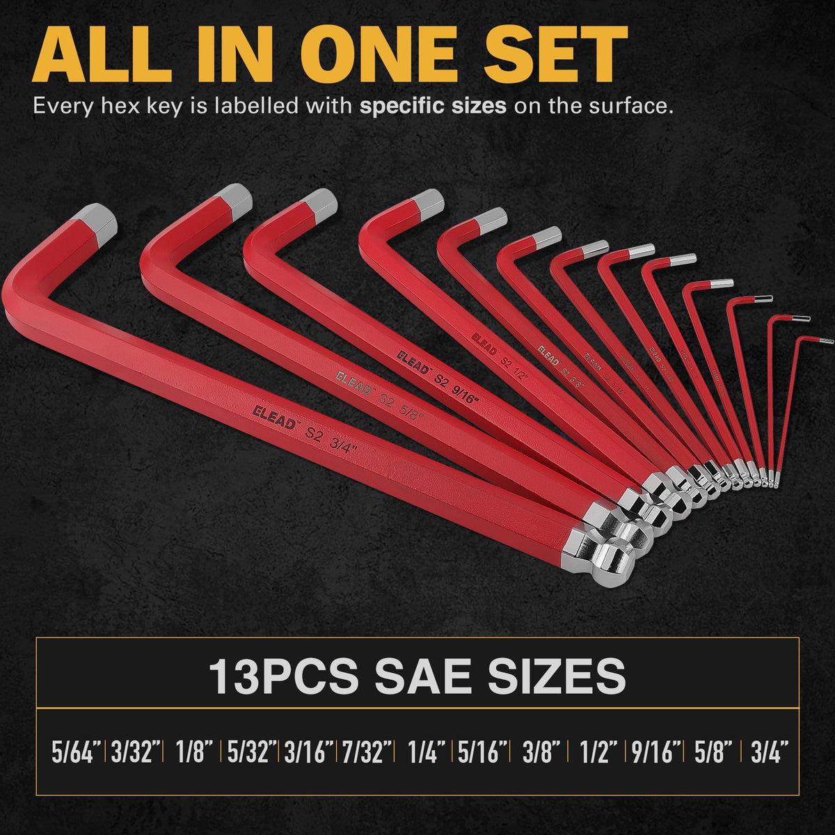 ELEAD Jumbo Hex Key Allen Wrench Set, 13-Piece SAE 5/64"-3/4", Long Ball End Durable S2, 4" - 13.5" Long, Automotive, Mechanic, Furniture, Professional Grade Tools