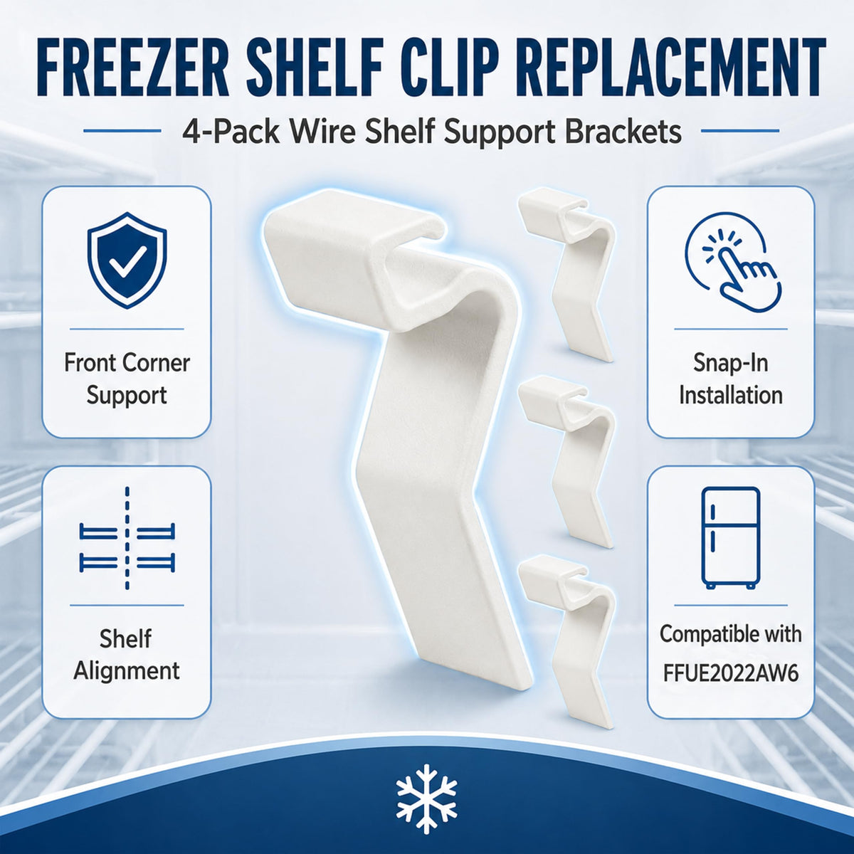 Freezer Wire Shelf Support Bracket Compatible with Frigidaire FFUE2022AW6 Upright Freezer Shelf Repair System 4-Pack Replacement Kit, Plastic Wire Shelf Corner Support Clip