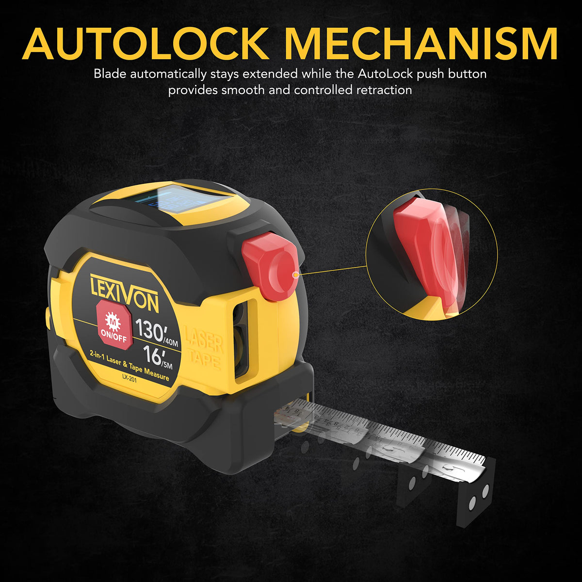 LEXIVON 2 in 1 Digital Laser Tape Measure, 130ft/40m Laser Distance Meter Display On Backlit LCD Screen with 16ft/5m AutoLock Measuring Tape, Ft/Inch/Fractions/M/mm(LX-201)