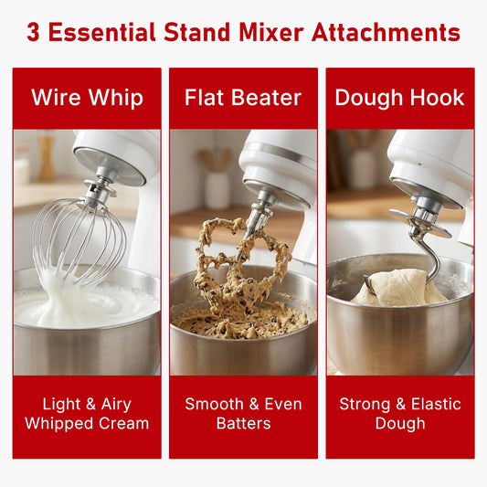 3-Piece Stainless Steel Stand Mixer Attachments Set for KitchenAid Tilt-Head 4.5-5 Quart Mixers, Dough Hook, Flat Beater & Wire Whip, Premium Replacement Accessories, Dishwasher Safe