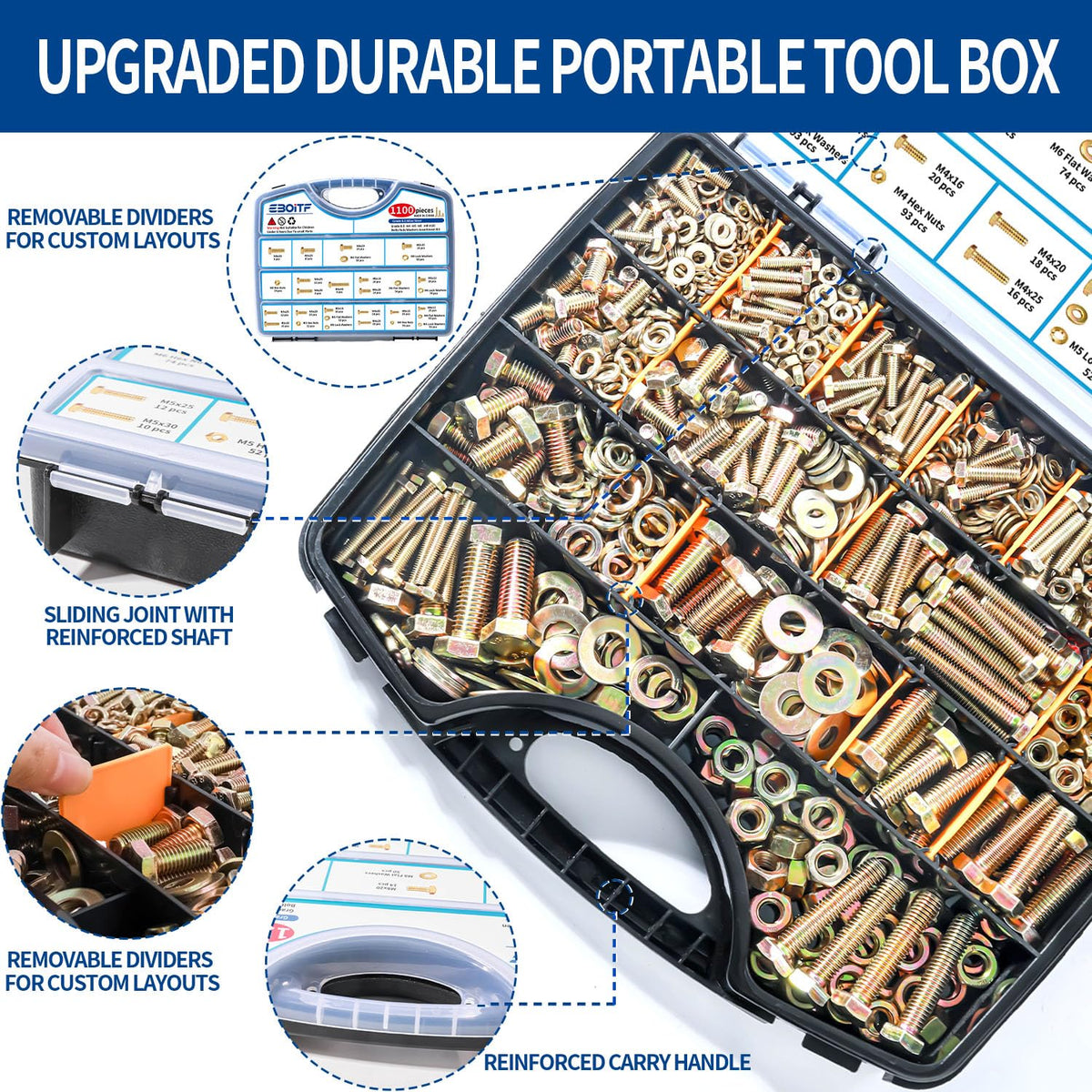 1100cs Grade 8.8 Metric Bolts and Nuts Assortment Kit, M4, M5, M6, M8, M10 Heavy Duty Hex Bolts and Nuts Kit, Assorted Nuts, Bolts, Flat & Lock Washers, Yellow Zinc Plated, Length from 12-40 mm