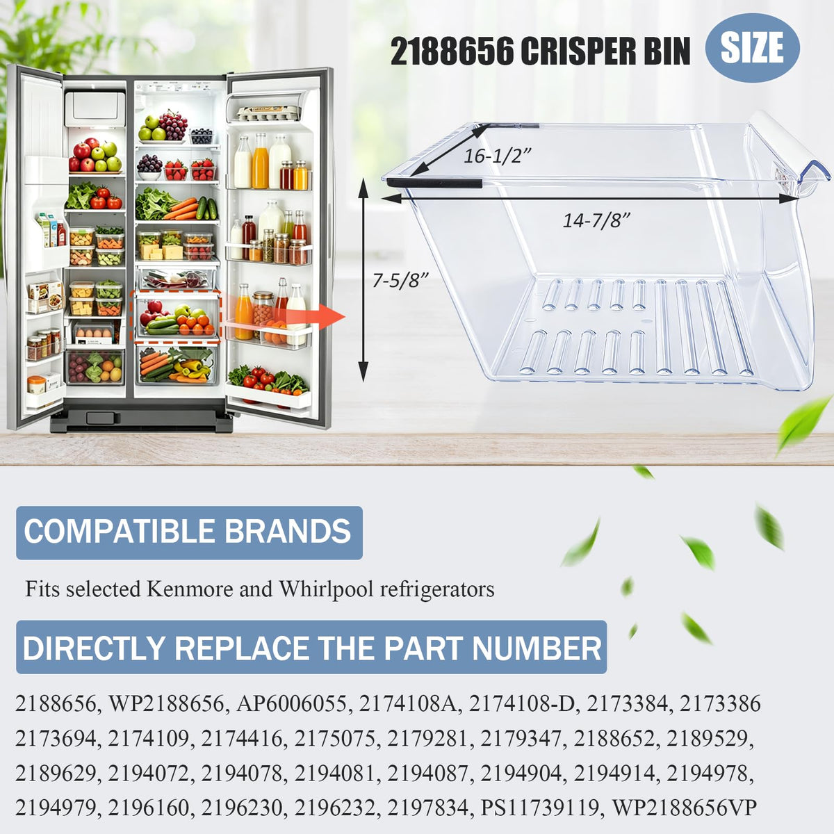2188656 Crisper Bin (Upper) Replacement for Whirlpool Refrigerator, Refrigerator Drawers, Kenmore Whirlpool Fridge Crisper Drawer Replacement Part WP2188656, 2188656, Thicker, Clear