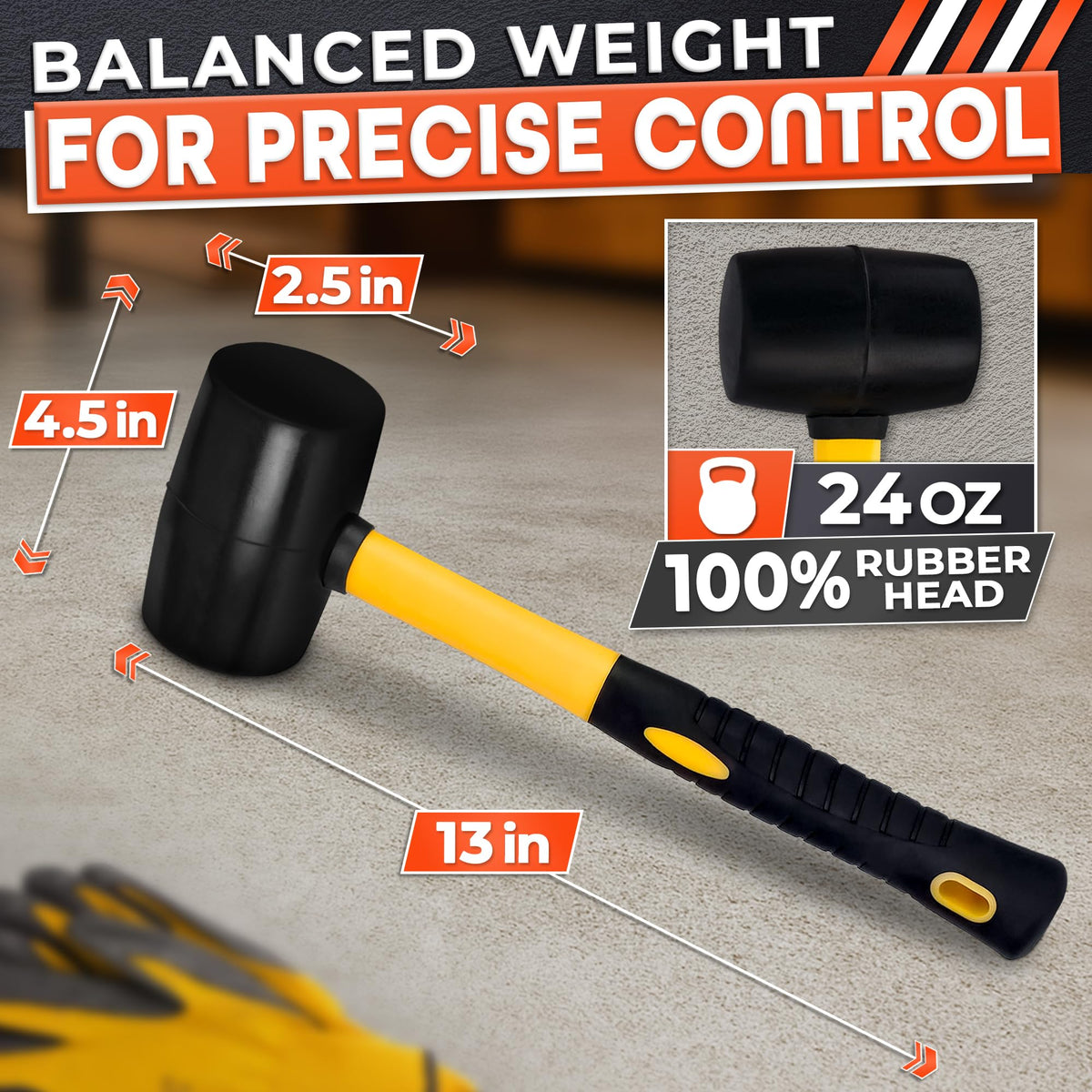 24 oz (1.5 lb) Rubber Mallet Hammer, 13in Soft Mallet, Rubber Hammer