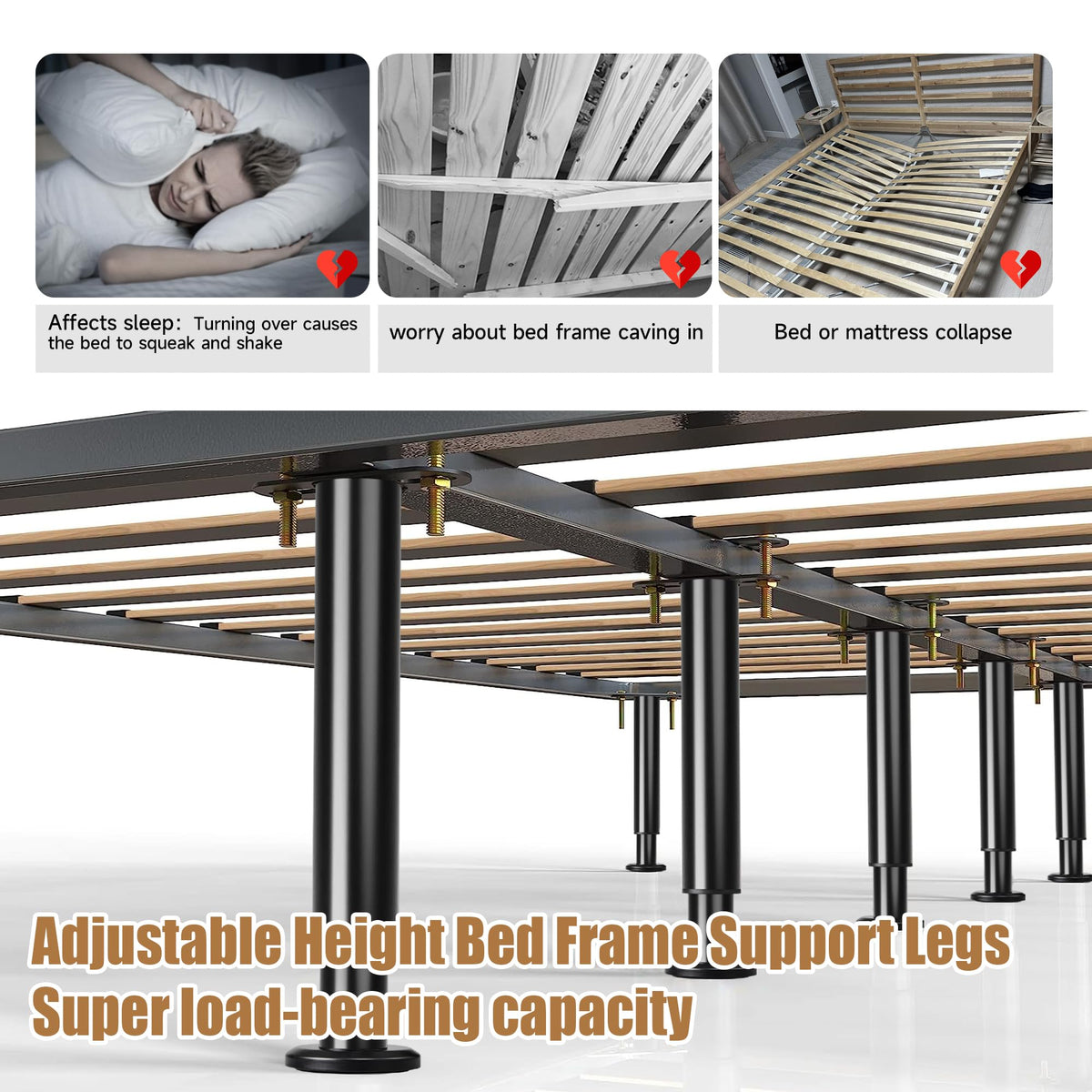 Adjustable Height Bed Support Legs 13.8-23.6 inch, Bed Frame Center Support Legs for Bed Frame/Bed Center Slat/Furniture, Heavy Duty Metal Bed Replacement Legs Bed Slats Support Legs, Upgraded Version