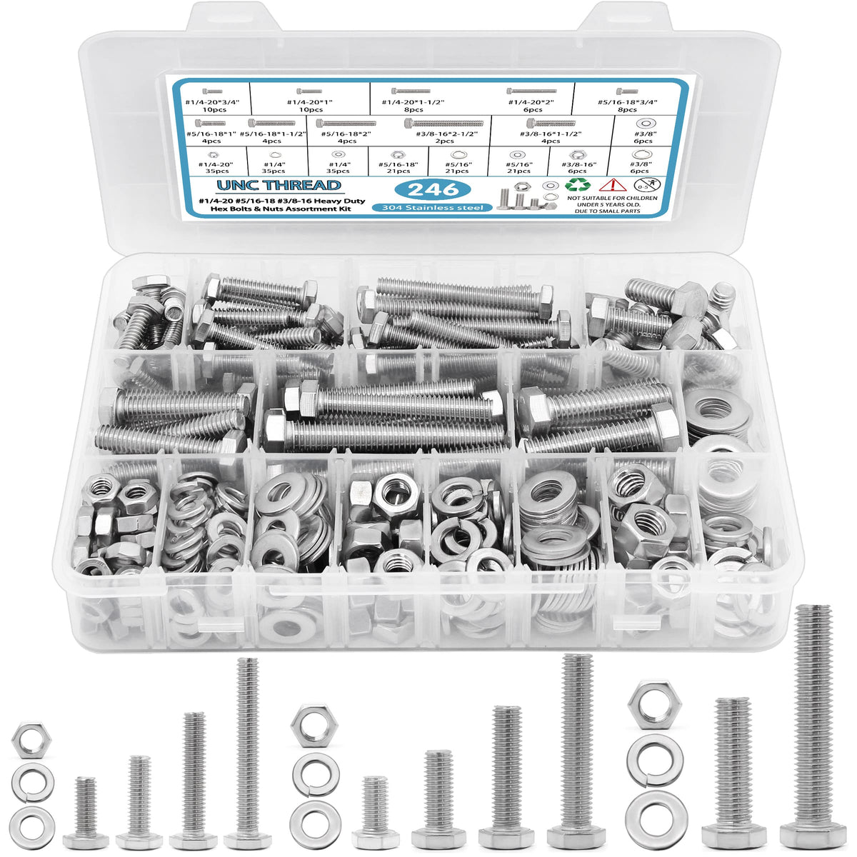 SATANTECH 246PCS Hex Head Bolts and Nuts Assortment Kit, Stainless Steel 1/4-20, 5/16-18, 3/8-16, Assorted Nuts and Bolts, Flat & Spring Lock Washers with Case