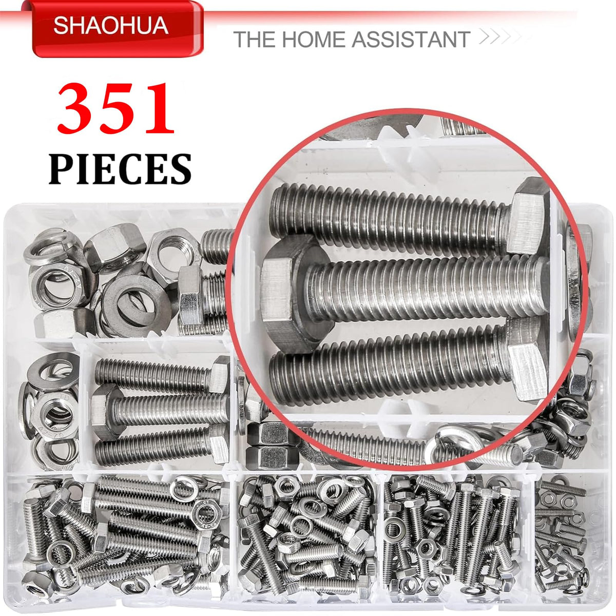 SHAOHUA M3/M4/M5/M6/M8/M10/M12 Metric Bolt Assortment Kit, 304 Stainless Steel Heavy Duty Flat Hex Head Screws Bolts and Nuts Kit, Nuts Flat Gasket and Lock Washers Assortment Ki, Silver, 351Pcs