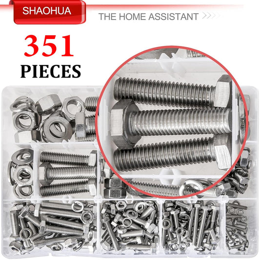 SHAOHUA M3/M4/M5/M6/M8/M10/M12 Metric Bolt Assortment Kit, 304 Stainless Steel Heavy Duty Flat Hex Head Screws Bolts and Nuts Kit, Nuts Flat Gasket and Lock Washers Assortment Ki, Silver, 351Pcs