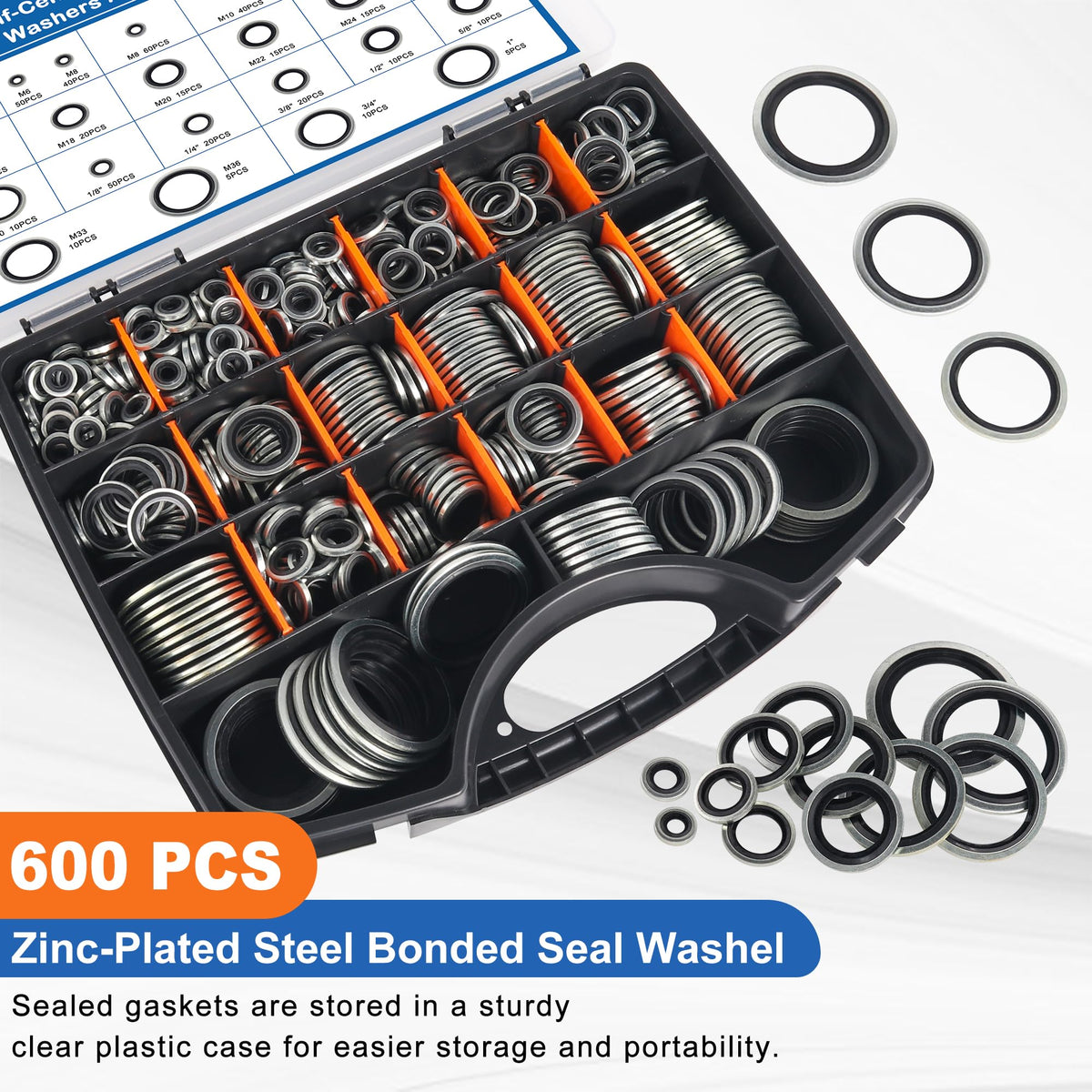 600PCS Metric & SAE Bonded Sealing Washers Kit, 21Sizes Rubber Washers Kit