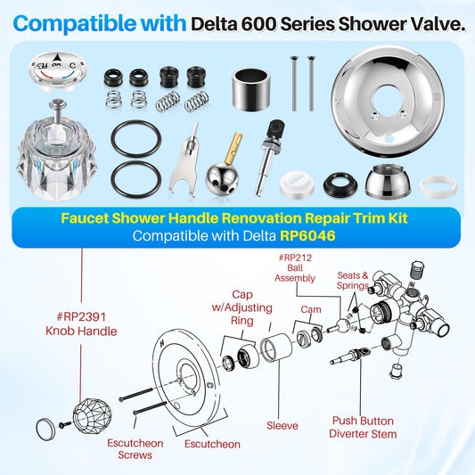Valve Trim Repair Kit Compatible with Delta RP6046, Knob