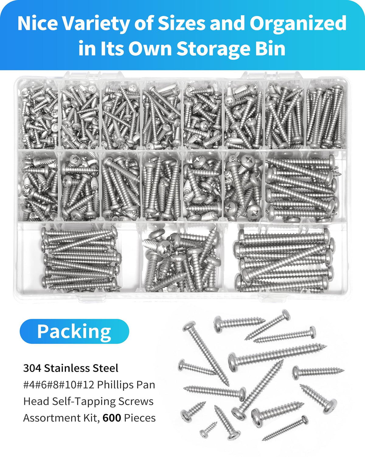 DIVANC 600Pcs Stainless Steel Zinc Plated Wood Screws Assortment Kit, #4#6#8#10#12 Phillips Flat Head Sheet Metal Screws Self Tapping Screws Set,Length 3/8" to 2" (Gold-Flat Head)