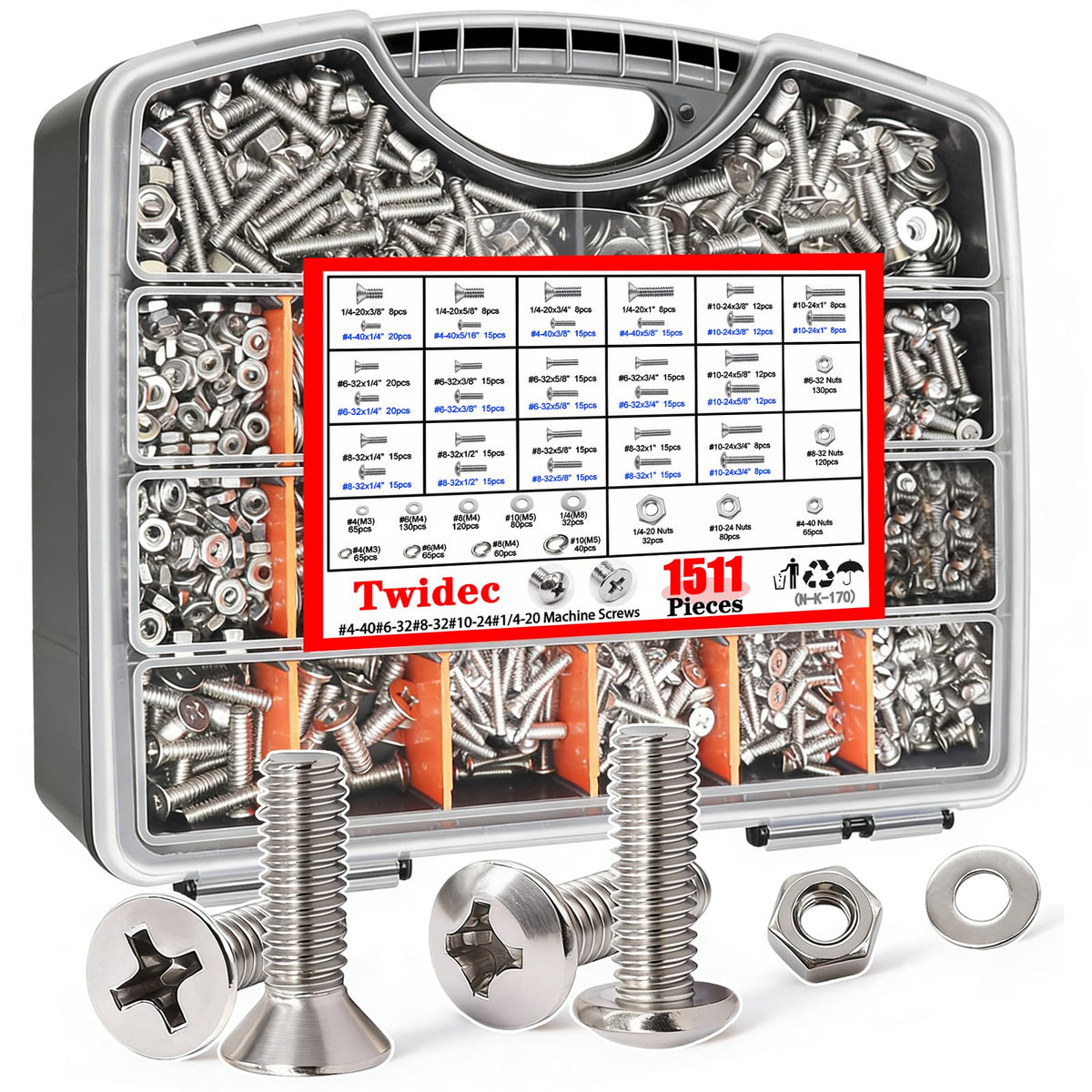 Twidec/1511PCS Nuts and Bolts Assortment Kit,Machine Screws,304 Stainless Steel Phillips Pan Head and Flat Head Screws #4-40#6-32#8-32#10-24#1/4-20 with Nuts, Bolts,Washers in the Storage Case