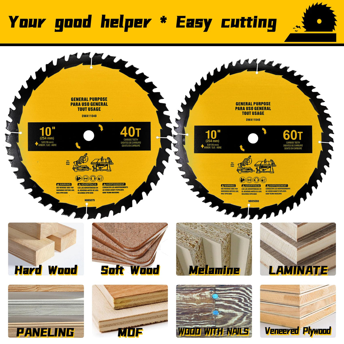 2-Pack 10in 40T/60T Table Saw Blades Compatible with Dewalt