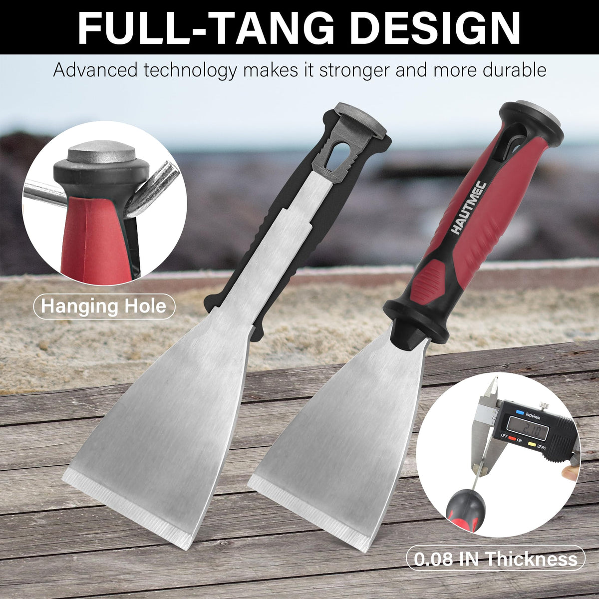 HAUTMEC Putty Knife 4 PC Set, 1.25",2",3" Paint Scraper & 3" 8-in-1 Paint Stripper, Heavy Duty Stainless Steel Blade and Hammer End for Removing Wallpaper, Plaster, Cement 25060
