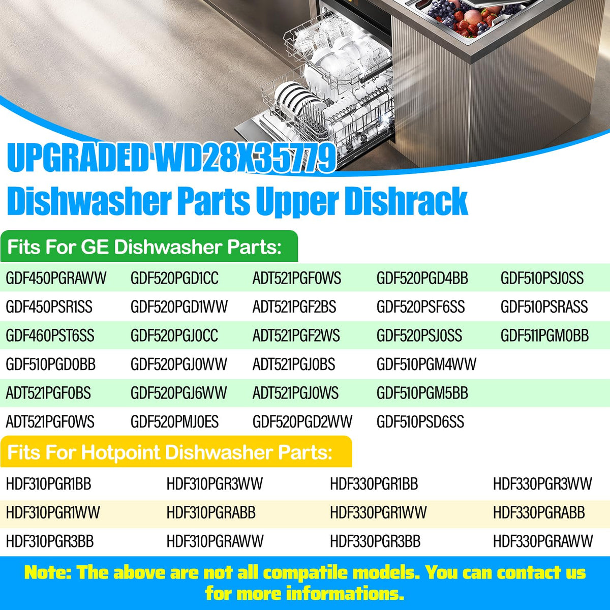 Upgraded WD28X35779 Dishwasher Upper Rack Compatible with GE Dishwasher Rack Replacement WD28X30219 GDF510PSR3SS GDF510PSM0SS GDF535PSR0SS GDT550HSD4SS GE Dishwasher Parts Top Rack Tray With Wheels