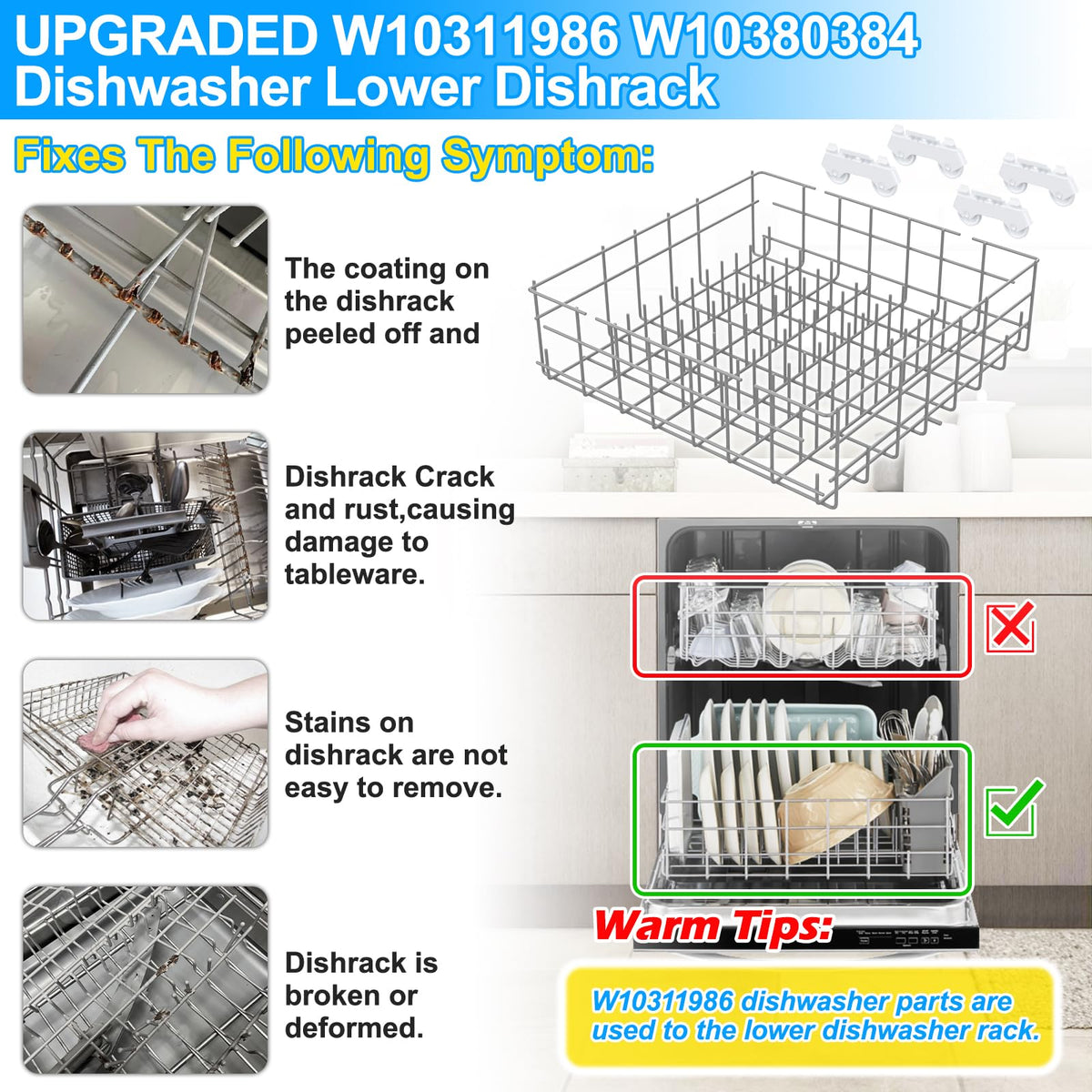 UPGRADED W10311986 W10380384 Dishwasher Lower Rack Assembly for Whirlpool Kenmore Dishwasher Rack Replacement Parts,W10311986 W11158802 Whirlpool Dishwasher Bottom Rack with Wheel Dishrack