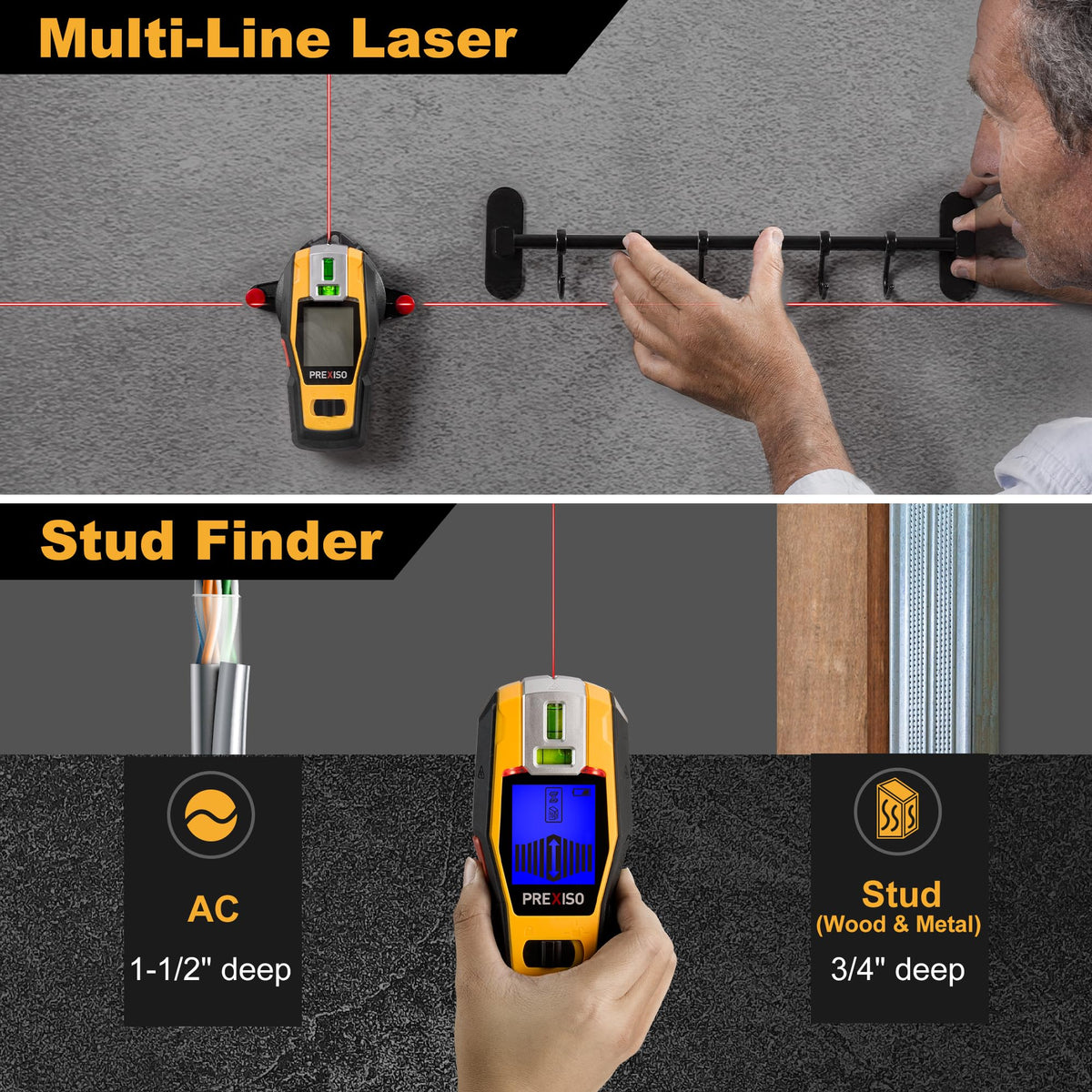 PREXISO 2-in-1 Stud Finder with Laser Level, Rechargeable Cross Line Laser
