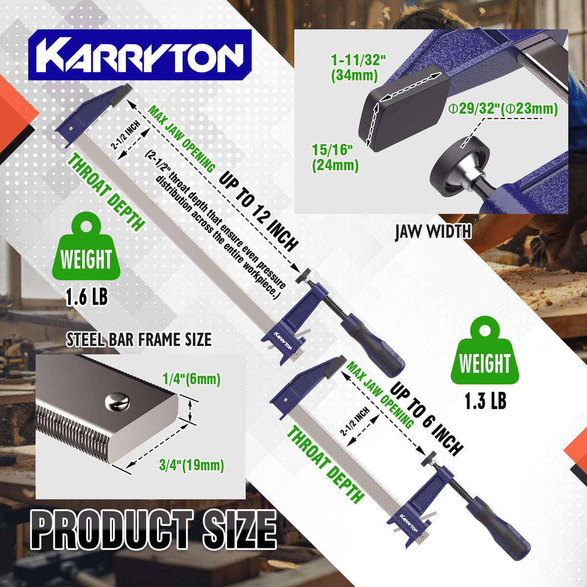KARRYTON 6PCS Steel Bar Clamps Set (4-Pack 6-Inch & 2-Pack 12-Inch)