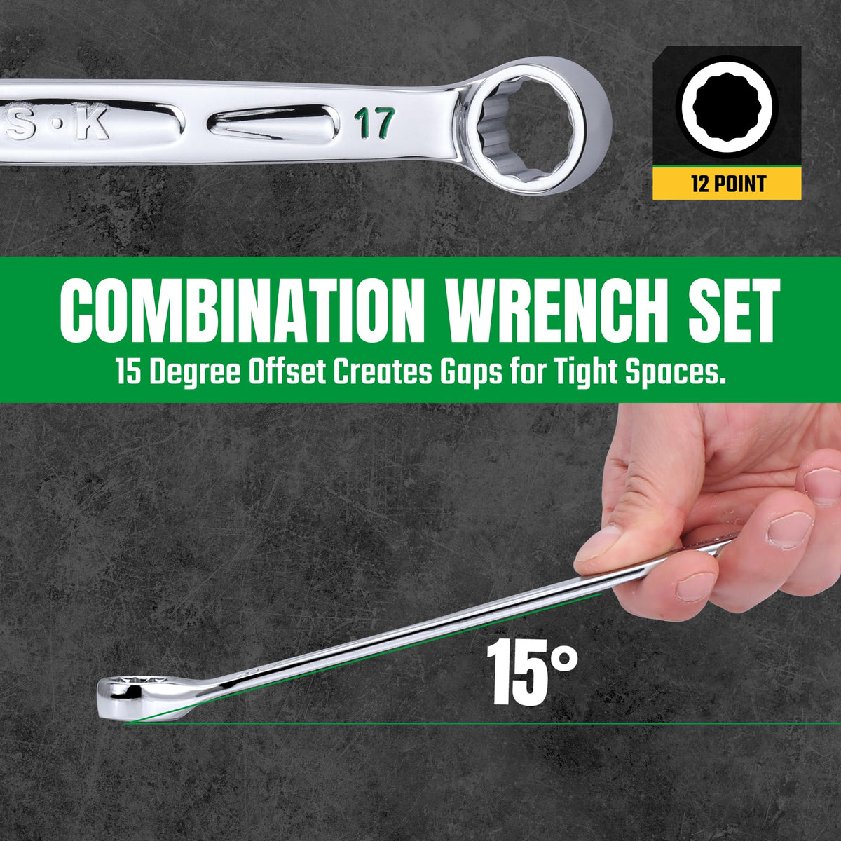 SK Combination Wrench Set, SAE & Metric, 16-Piece, Premium CR-V Steel