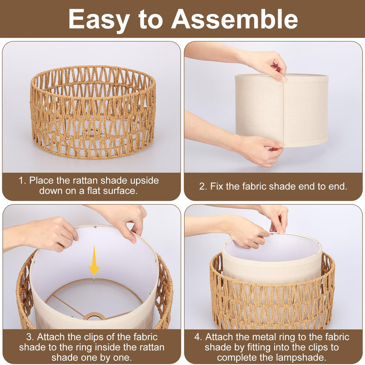 Boho Rattan Lamp Shade, 12.6" Top x 12.6" Bottom x 7.68" High, Natural Rattan & Linen Double Layer Lamp Shades for Floor Lamps Table Lamps Chandelier, UNO Fitter Lampshade Replacement, Easy Assembly