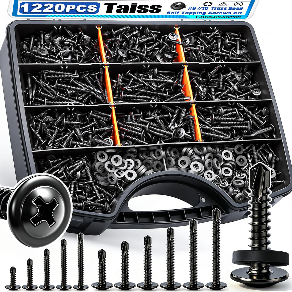 Taiss 1220PCS Self Tapping Screws for Metal,#8#10,410 Stainless Steel Self Drilling Screws (Length 1/2'' to 1-1/2''),Black Truss Head Sheet Metal Screw Assortment Kit with Rubber Washer