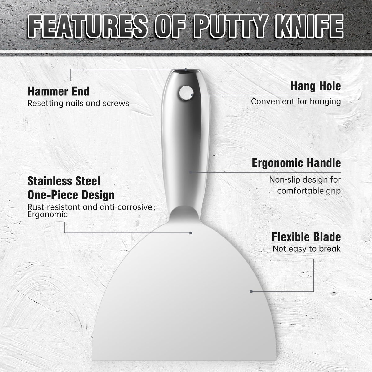 Fishark Putty Knife Set, 2" 3" 4" 6" 8" All-Stainless Steel Scraper, 5Pcs