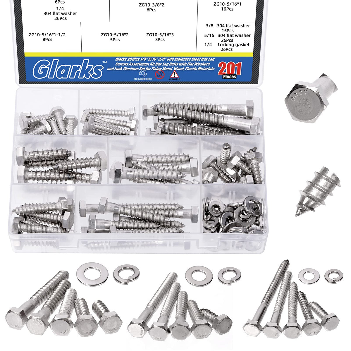 Glarks 201Pcs 1/4" 5/16" 3/8" 304 Stainless Steel Hex Lag Screws Assortment Kit Hex Lag Bolts with Flat Washers and Lock Washers Set for Fixing Metal, Wood, Plastic Materials