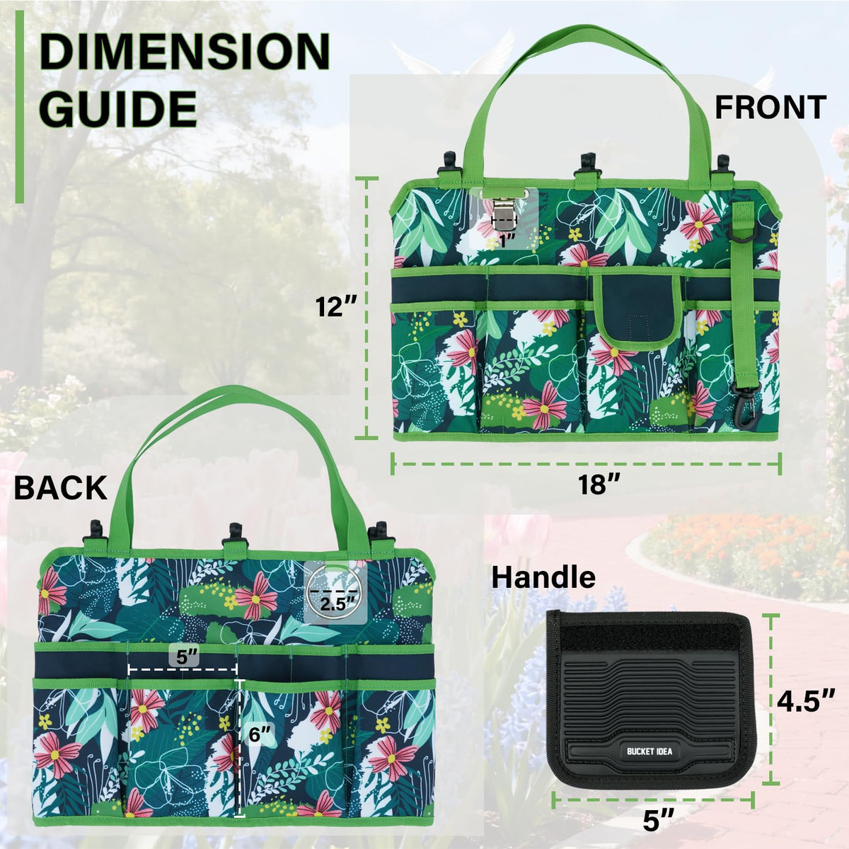KUNN Bucket Tool Organizer 5 Gallon 18-Pocket Gardening Tool Bag with Hangable Handle, Garden Caddy & Bucket Accessory, Green