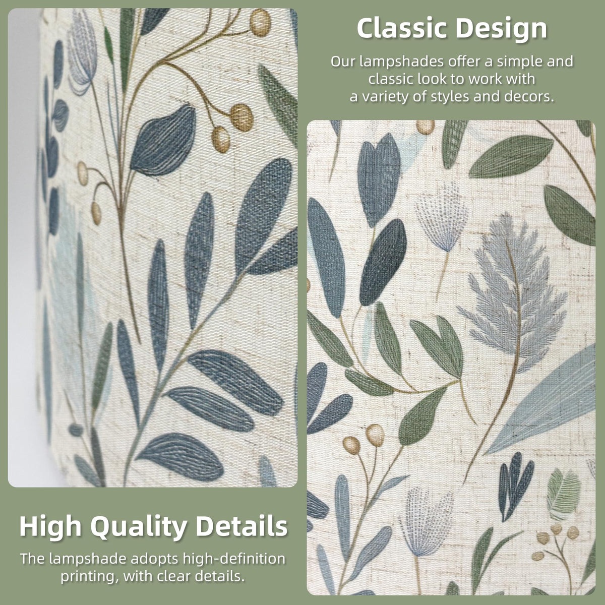 Drum Lamp Shade 13 x 13 x 10 inch, Sage Green Botanical Print Linen Lampshade Replacement for Table Lamps & Floor Lamps, E26 E27 Compatible Spider Fitter Lamp Shade for Bedroom Living Room