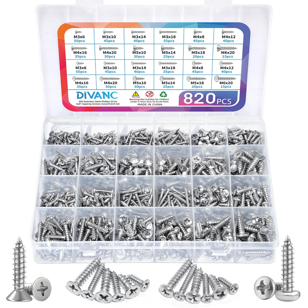 M3 M4 M5 M6 Wood Screws Assortment Set,304 Stainless Steel Assorted Self Tapping Screws Kit Truss Flat Pan Head Phillips Drive Drilling for Deck Drywall Concrete Sheet Metal (Flat & Pan Head 820PCS)