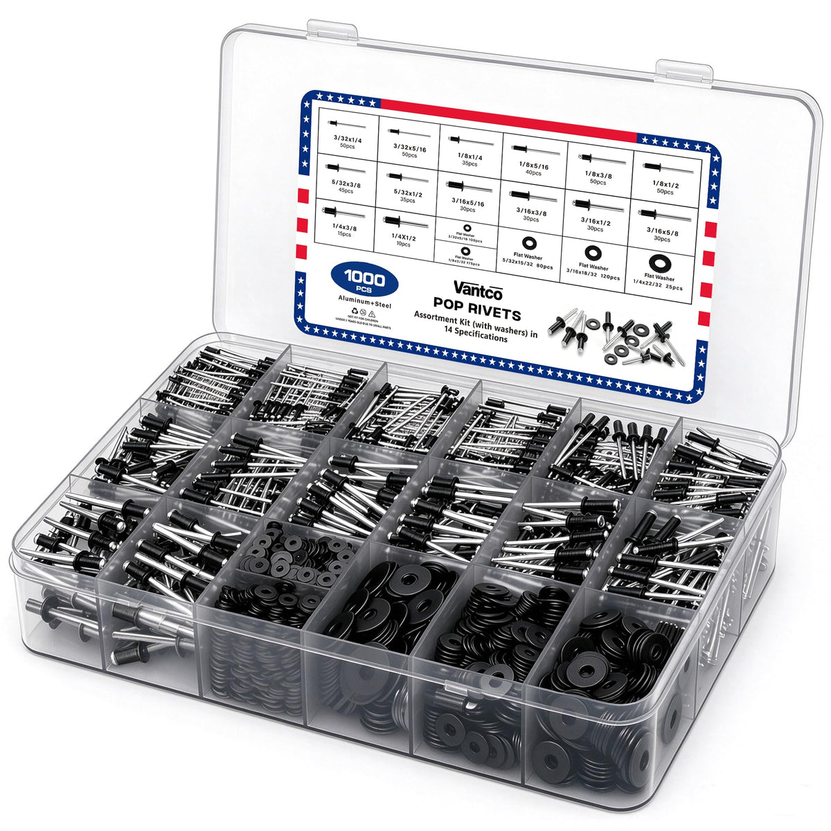 Vantco 1000pcs Black Aluminum+Steel Pop Rivets Assortment Kit with 304SS Washers