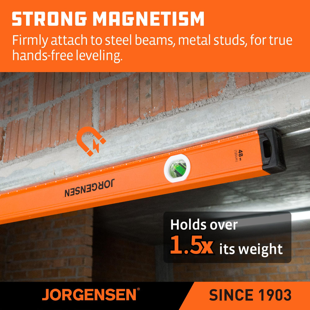 JORGENSEN 48" Magnetic LED Box Level, 45°/90°/180° Bubble Long Leveler Tool