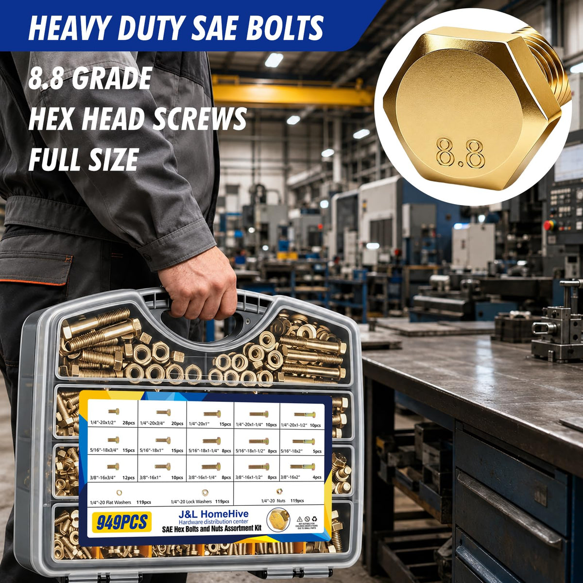 1359Pcs Hex Bolts and Nuts Assortment Kit, 304 Stainless Steel 1/4-20, 5/16-18, 3/8-16, 1/2-13 Machine Screws Set, Grade 8.8 M4 M5 M6 M8 M10 Metric Bolt Nuts and Washers Kit Assortment